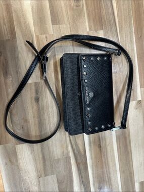 Michael Kors Black Studded Pebbled Leather Crossbody Wallet